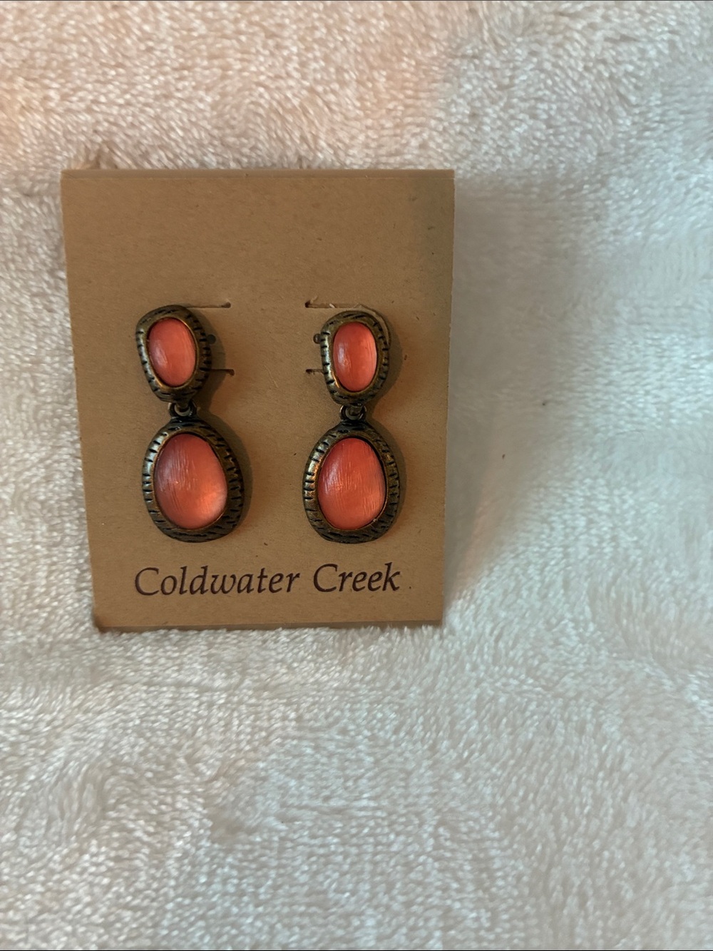 Coldwater Creek Coral-Orange Double Drop Earrings with Antique Gold-tone